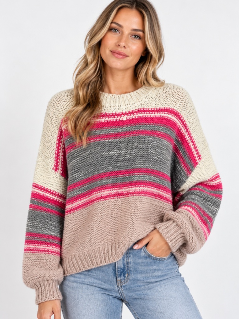 DEX Multi Stripe Crew Neck Textured Sweater in Pink Combo